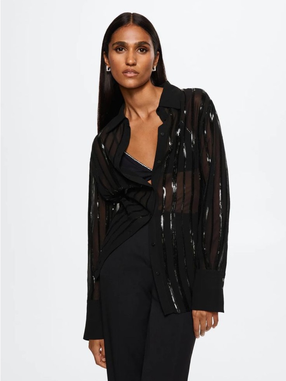 Mango Sheer Black Sequin-Striped Button-Up Top. Size 2. Worn once
